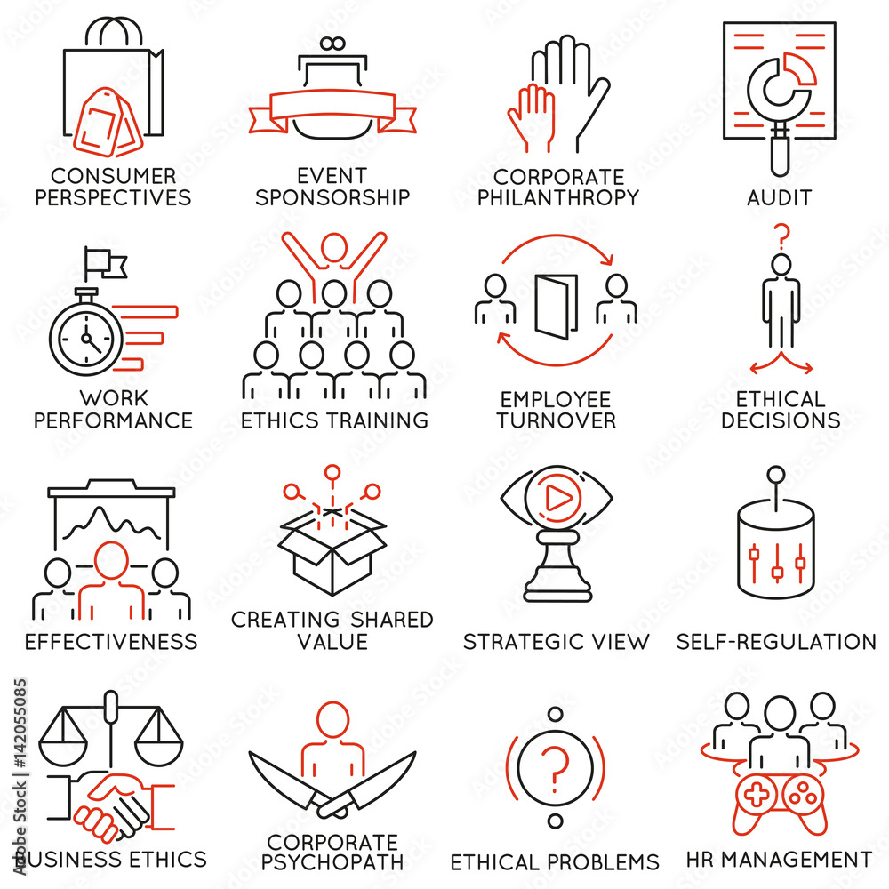 Vector set of 16 icons related to business ethics, management, strategy and development. Mono line pictograms and infographics design elements - part 2 Vector set of 16 icons related to business ethics, management, strategy and development. Mono line pictograms and infographics design elements - part 2