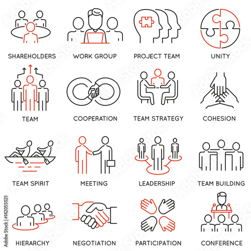 Vector set of linear icons related to business process, team work and human resource management. Mono line pictograms and infographics design elements