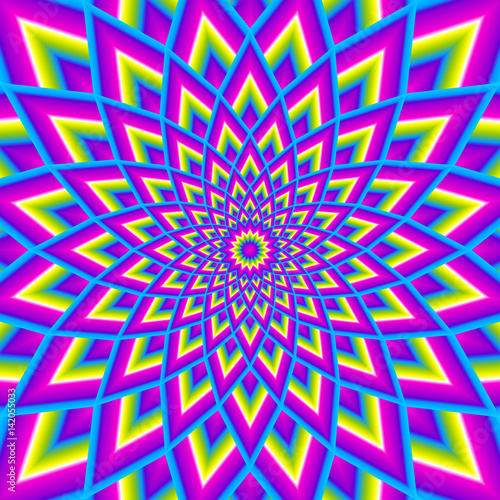 Colorful rainbow flower in techno style. Motion illusion.