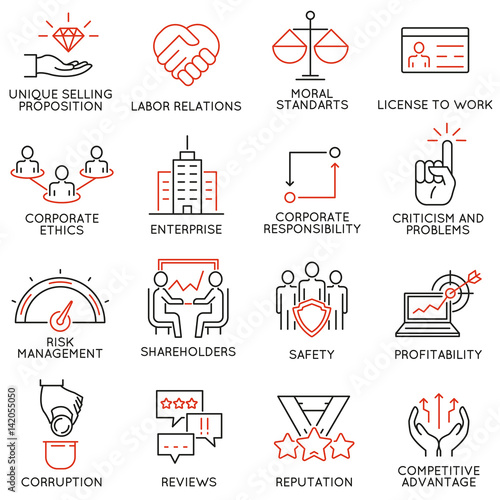 Vector set of 16 icons related to business ethics, management, strategy and development. Mono line pictograms and infographics design elements - part 1