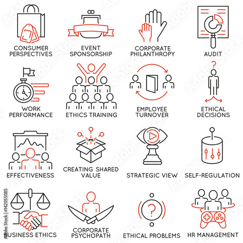 Vector set of 16 icons related to business ethics, management, strategy and development. Mono line pictograms and infographics design elements - part 2