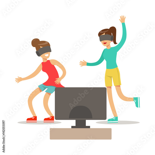 Girlfriends In Virtual Reality Glasses,Part Of Happy Gamers Enjoying Playing Video Game, People Indoors Having Fun With Computer Gaming
