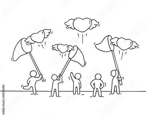 Sketch of little people with flying hearts.