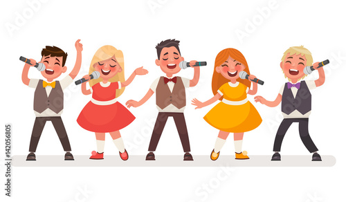 Set of small singers. Children's music group. Boys and girls sing a song