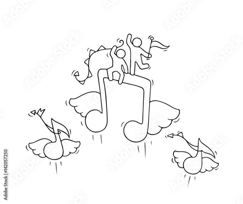 Sketch of working little people with flying notes.