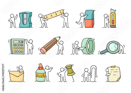 Office supplies set with working little people.