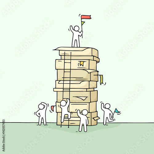 Cartoon working little people with big stack of paper.