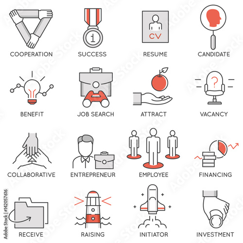 Vector set of flat linear icons related to business management, strategy, career progress and business process. Mono line flat pictograms and infographics design elements - 1