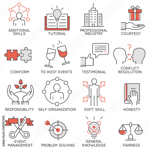 Vector set of flat linear icons related to business management, strategy, career progress and business process. Mono line flat pictograms and infographics design elements - 2