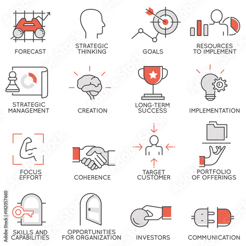 Vector set of flat linear icons related to business management, strategy, career progress and business process. Mono line flat pictograms and infographics design elements - 3