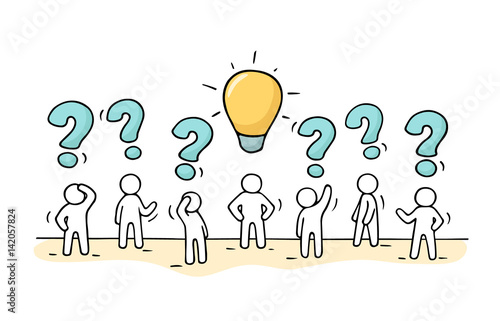 people with question sings and lamp idea