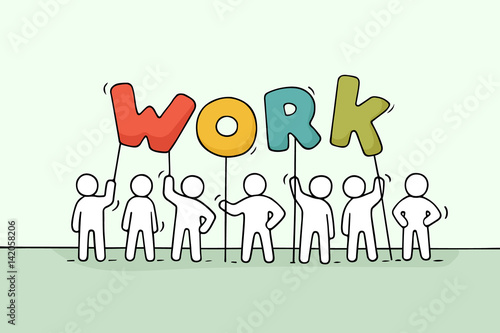 Cartoon working little people with word Work.
