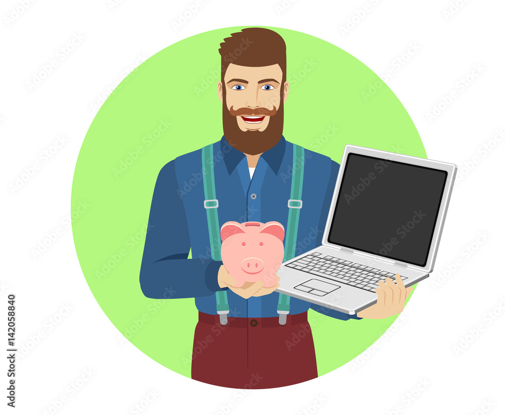 Hipster holding a piggy bank and laptop notebook Hipster holding a piggy bank and laptop notebook