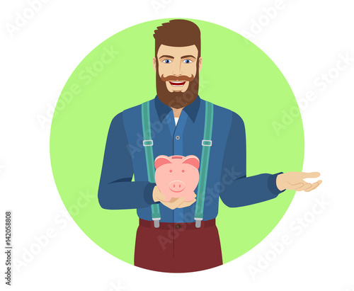 Hipster holding a piggy bank and gesturing