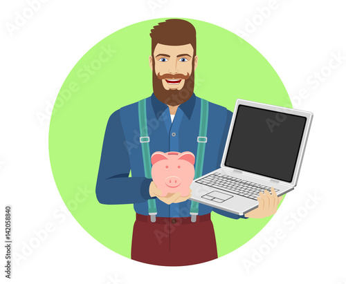 Hipster holding a piggy bank and laptop notebook