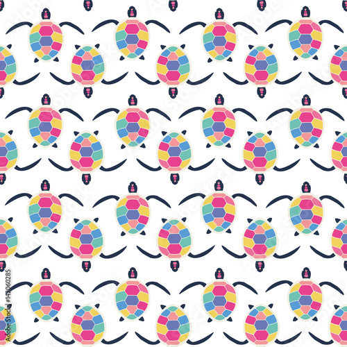 Cute multicolor seamless pattern of stylized turtles in cartoon style