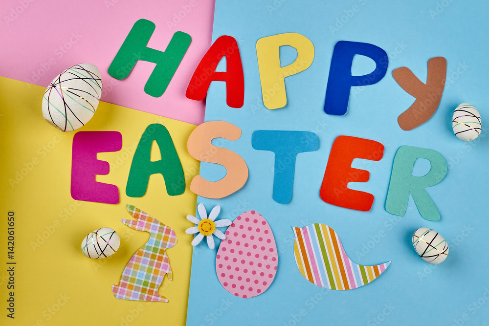Happy Easter colorful letters. Styrofoam eggs and paper cutouts. Happy Easter colorful letters. Styrofoam eggs and paper cutouts.