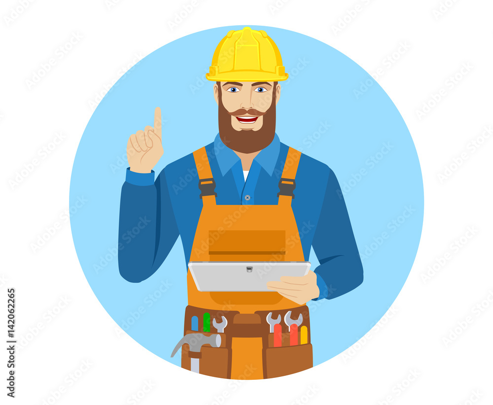Worker holding digital tablet PC and pointing up Worker holding digital tablet PC and pointing up