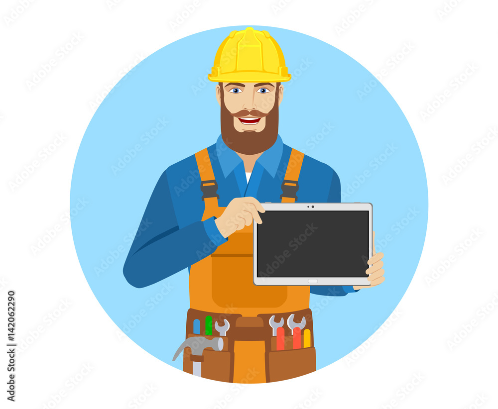 Worker showing blank digital tablet PC Worker showing blank digital tablet PC