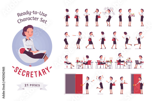 Ready-to-use young female secretary character set, various poses and emotions