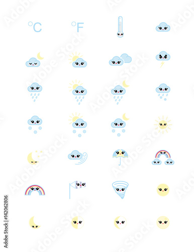 Kawaii weather icons.Fun kawaii coulds.Kawaii weather design.Weather forecast icons.