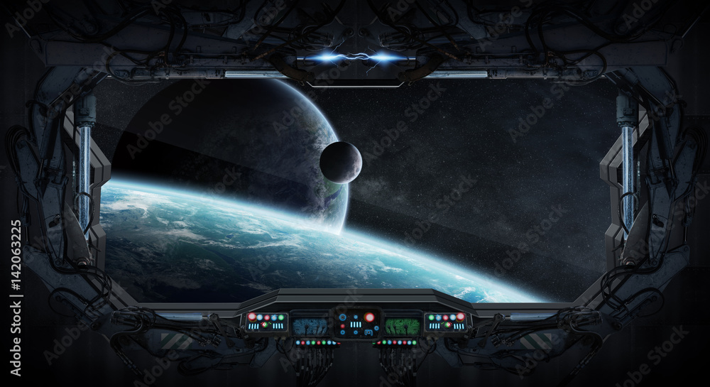 Obraz premium Window view of space and planets from a space station