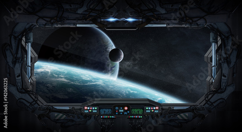 Fototapeta Naklejka Na Ścianę i Meble -  Window view of space and planets from a space station