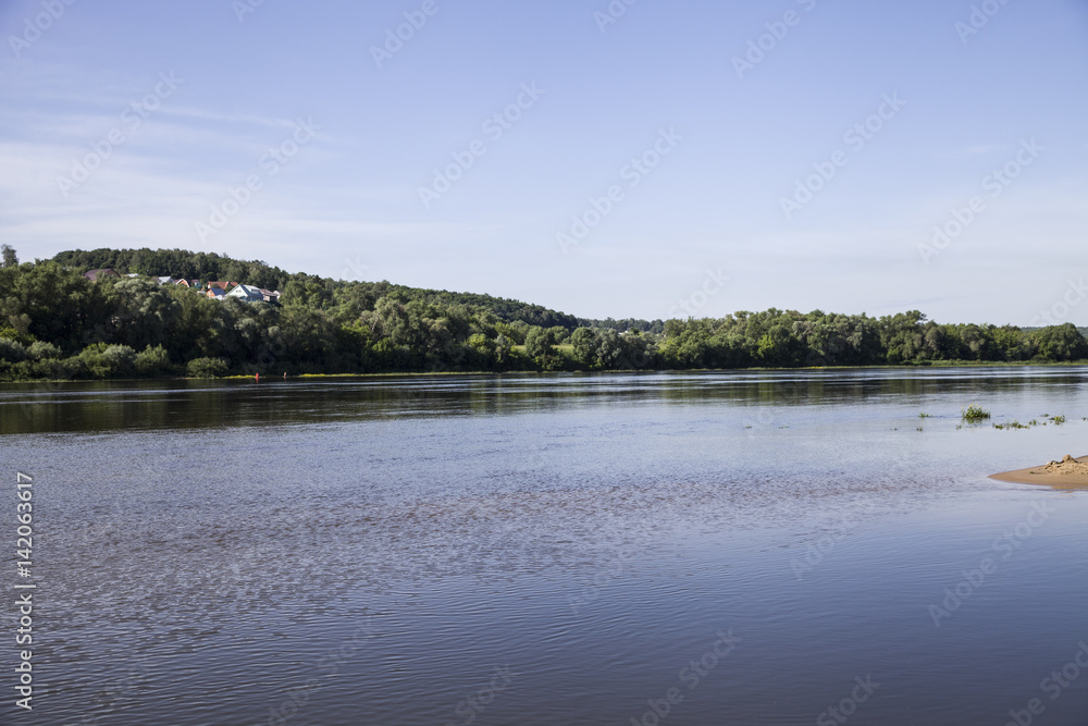 beautiful landscape with a river and a sandy beach on a summer day.