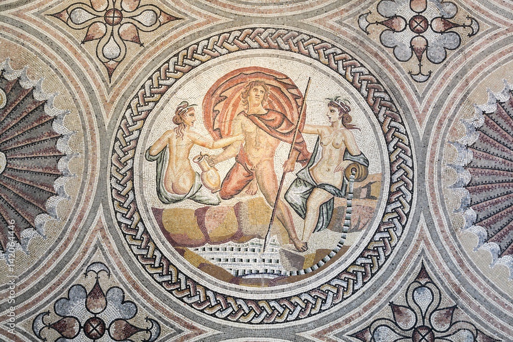 Fototapeta premium Gallo roman mosaic on a wall in Saint Romain en Gal, France