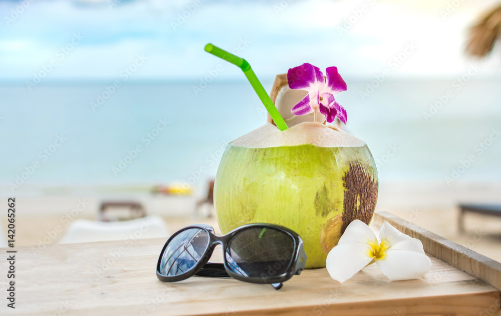 Fresh coconut at the tropical beach resort