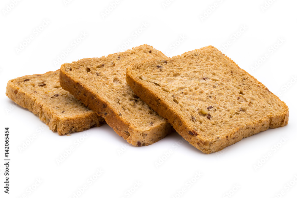 Rye bread slice on a white background.