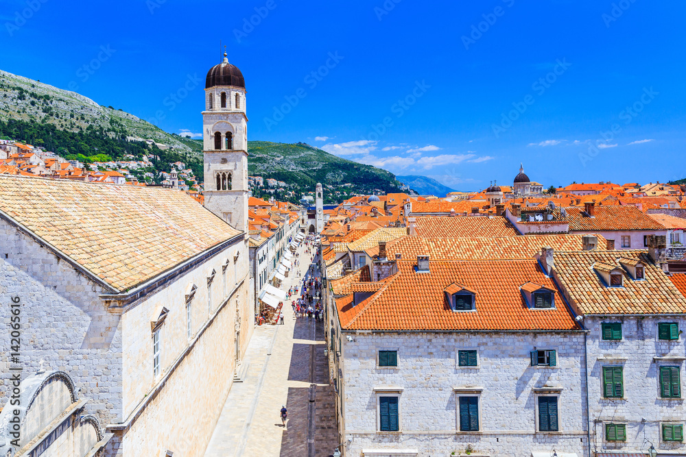 Dubrovnik, Croatia. Famous Placa (Stradun) street from the city walls.