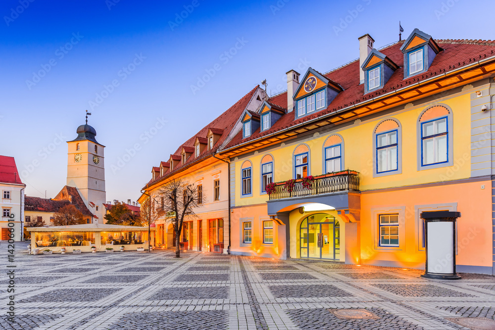 Sibiu, Romania. Council Tower at Piata Mare (Large Square), Transylvania.