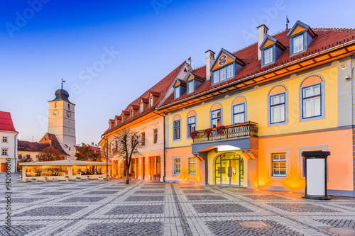 Obraz na płótnie Sibiu, Romania. Council Tower at Piata Mare (Large Square), Transylvania. w salonie