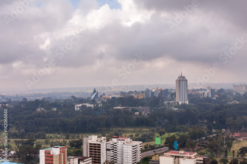 Panoramic top view on central business district of Nairobi from helipad on the roof of Kenyatta International Conference Centre (KICC)
 photo