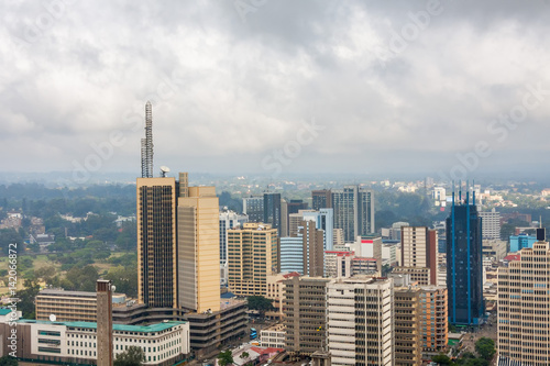 Panoramic top view on central business district of Nairobi from helipad on the roof of Kenyatta International Conference Centre (KICC)
