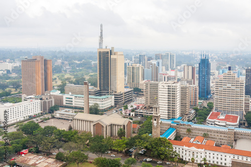 Panoramic top view on central business district of Nairobi from helipad on the roof of Kenyatta International Conference Centre (KICC)
