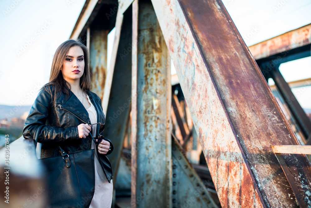 Fototapeta premium Outdoor Fashion Spring Portrait Of Young Attractive Brunette