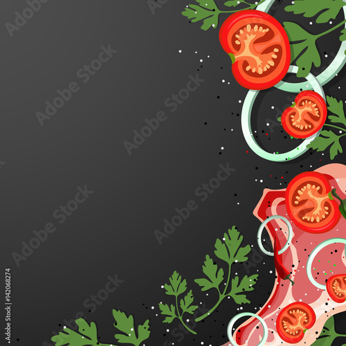 Grilled meat with salad and grilled tomatoes. Delicious barbecue illustration.