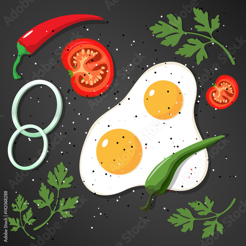 Two fried eggs and meat. Tomatoes. Pepper. Onion and parsley