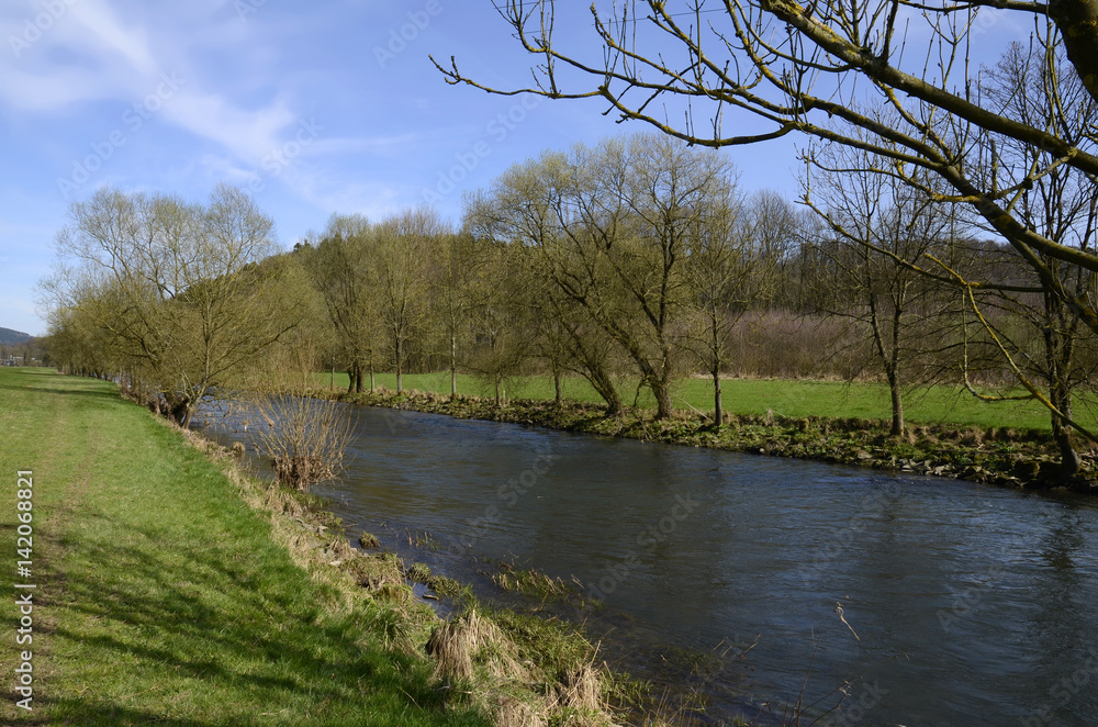 Idyllische Flusslandschaft im Frühling