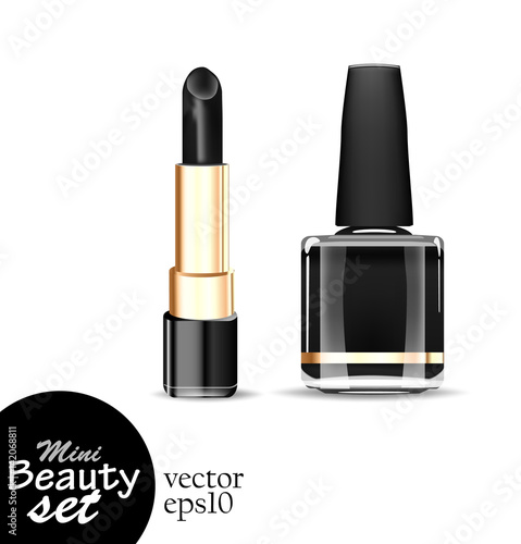  Vector illustrations mini beauty set. Realistic cosmetic products. One tube lipstick and one bottle nail polish are saturated black color isolated on a white background.
