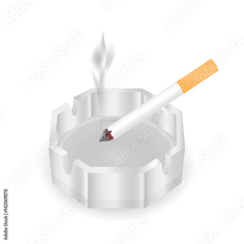 Glass ashtray with smoking cigarette. Vector illustration.