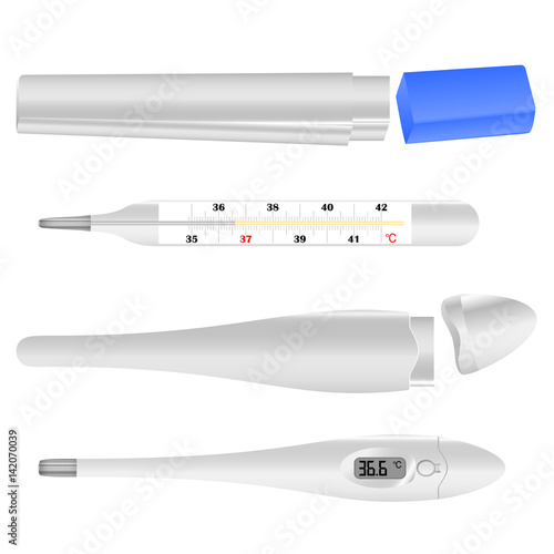 Realistic mercury and electronic thermometers and their cases. Vector illustration.