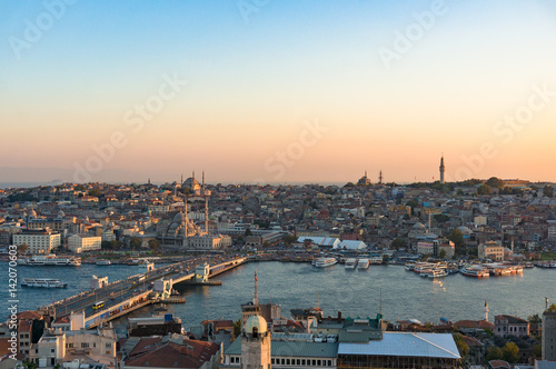 Aerial view of Fatih and Galata bridge over Golden Horn bay