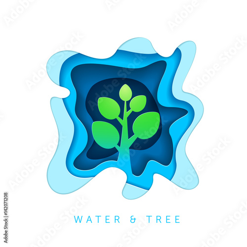 Paper art style water and tree