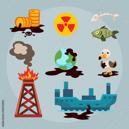 Ecological problems environmental oil pollution of water earth air deforestation destruction of animals mills factories forest protection vector illustration.