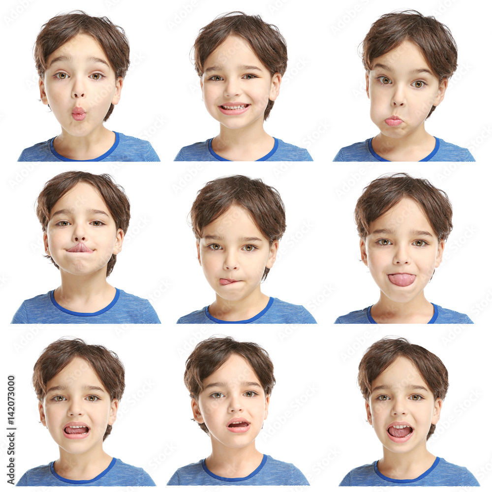 Speech training concept. Little boy doing exercises for correct pronunciation on white background Speech training concept. Little boy doing exercises for correct pronunciation on white background