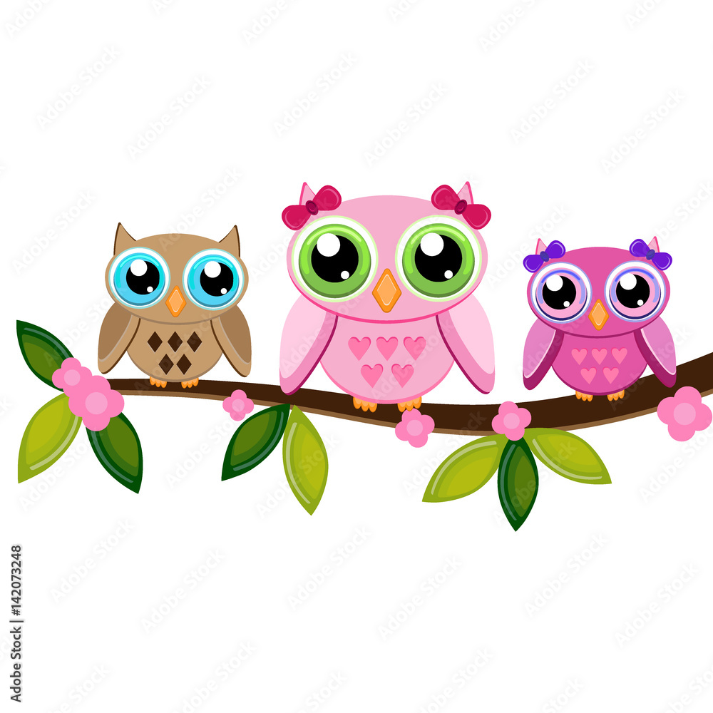 Fototapeta premium Owl Mom, boy and girl on a branch