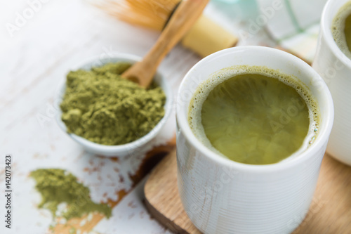 Matcha tea in white bowls